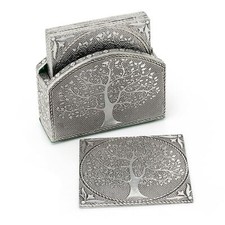 Set Of 6 Silver Embossed Tree Of Life Square Drinks Coaster Set And Holder