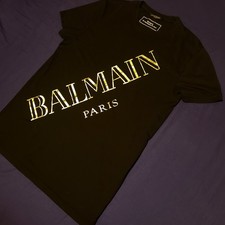 BALMAIN PARIS T-shirt Mens Vertical Shiny Logo Crew Neck Cotton Black Size S