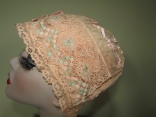 Vintage 1920s Boudoir Cap Sleep Hat Peach Net Lace Ribbon Trim Small Size