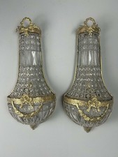 Pair Grand French Empire Gilt Brass Basket Crystal Wall Lights Sconces