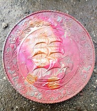 Vintage Large Repousee Brass Wall Plate Galleon Ship Sea Wall Hanging Pub Large