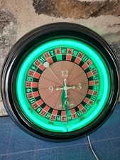 Vintage Neon Roulette Wheel Wall Clock Green Glow Mancave Bar Pub Gambler Retro