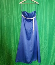 True Bride Blue Satin Strapless White Belt Accent Formal Prom Bridesmaid Dress