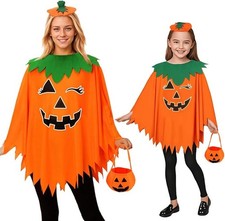 Halloween Pumpkin Costumes Glow in the Dark Pumpkin Poncho Costume with Candy Ba
