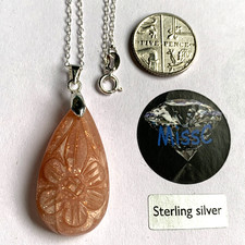 SCHILLER SUNSTONE  HAND CARVED TEARDROP with 925 STERLING SILVER CHAIN, STAMPED