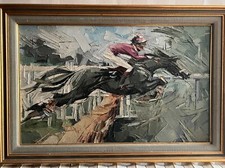 Stunning Original Impasto Oil painting - race horse & jockey jumping