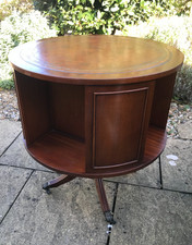 Vintage Mahogany Revolving Bookcase Drum Table with Inset Brown Leather Top