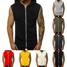 Mens Zipper Up Workout Hooded Tank Tops With Pockets Bodybuilding Sleeveless