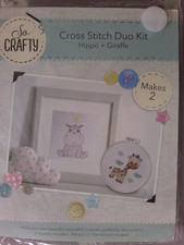 Hippo & Giraffe duo cross stitch kit, suitable for a nursery, includes hoop