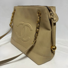 Chanel Coco Mark Lambskin Chain Shoulder Tote Bag Beige Genuine