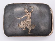 Sterling Silver Nielloware Siam Figural Dancer Motif Slide Belt Buckle
