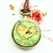 Luxury Quartz Green Map Pendant Vintage Open Face Bronze Large Dial Pocket Watch