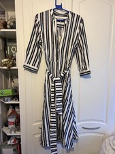 Hobbs Leanna Dress Navy White Striped Long Sleeve UK 16 Fit Flare Midi RRP £129