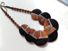 Retro Vintage Wood Disc Inlaid Metal Bead Necklace Brown Black Silver Tones Boho