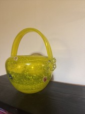 Murano Style Vibrant Yellow Art Glass Handbag Basket Bowl Hand Blown