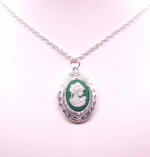 1x Silver Colour Photo Locket with Green Resin Cameo Pendant Chain Necklace