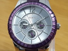 Mens Ladies Guess Purple Facet Steel Bracelet Calendar Fashion Watch W13582L4