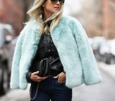 RARE ZARA PASTEL SEA GREEN BLUE FAUX FUR DUCK EGG JACKET COAT BLAZER LARGE L NEW