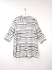 Sahara Shirt Top Large Grey Relaxed Linen Blend Striped Tunic Blouse Shacket