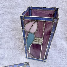 Charles Rennie Mackintosh Style Stained Glass Vase Blue Purple Pink Silver