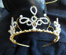 TIARA HEADDRESS PEARL & GOLD COLOUR BRIDAL WEDDING HEADDRESS COSTUME