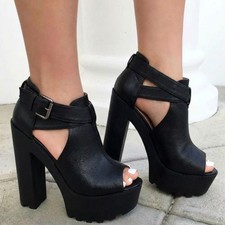 Black Open Toe Block Heels