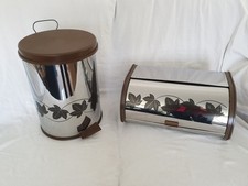 Vintage Set Bread Bin & Pedal Bin Silver & Brown Leaves Design