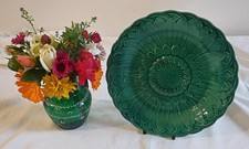 VICTORIAN WEDGWOOD GREEN MAJOLICA SUNFLOWER  & BASKET WEAVE  PLATE 21.5-22cm