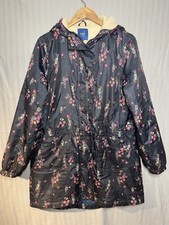 Cotton Traders Women Navy/ Red Floral Fleece Lined Hooded Parka Jacket | UK 14
