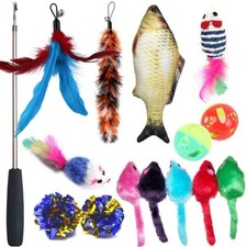 15 Pcs Cat Feather Toy Wand Mice Fish Bells Interactive