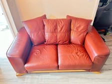 Leather 2 - Seater Sofa Burgandy Chair Foot Stool (Large) With Oak feet 
