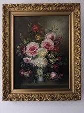 Vintage large oil painting on canvas Still life flowers Peonies signed framed