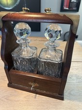 Vintage Wooden Tantalus with Two Cut Crystal Decanters & Key – Brass Mounted