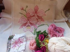 PAKO PRINTED CANVAS TAPESTRY KIT ~ CUSHION FRONT PANEL PINK FLOWERS