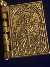 Miniature Brass Holy Bible Pendant Lords Prayer. Opens. Pages