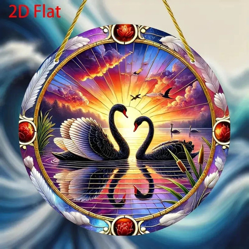 Black swan sunset round window - swan,