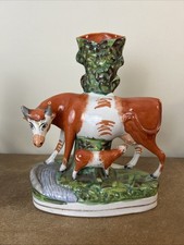 Antique Victorian Staffordshire Flat back Spill Vase, Cow & Calf, 28cm Tall