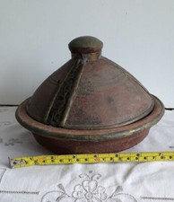 Antique Moroccan Clay Tagine w/ Brass Trim