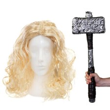 MENS THUNDER GOD BLONDE BEARD WIG HAMMER VIKING SUPER HERO FANCY DRESS COSTUME