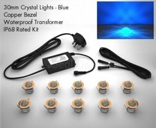 10 x 30mm Crystal Domed LED Lights Deck/Decking/Plinth/Kitchen - Copper - BLUE
