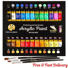 Acrylic Paint Set Tube 24 x 12ml. 3 Free Brushes.perfect For Canvas,Wood,Ceramic