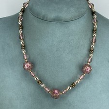 vintage wedding cake beaded necklace pink gold glass  19''