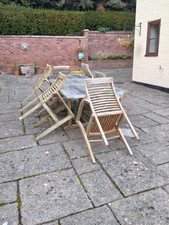6 Seater Garden Wooden Table And Chairs With Green Seat Cushions + Green Parasol