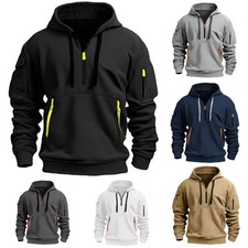 Men Retro Sweatshirt Work Half Zip Up Jumper Hoodie Hooded Jacket Casual Coat UK