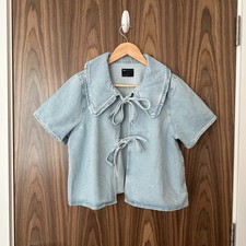 ASOS Light Blue Denim Tie Open Front Collared Short Sleeve Crop Top M NEW