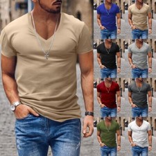 Men Summer Tops V Neck Muscle T Shirt Mens Slim Fit Short Sleeve Sport Blouse