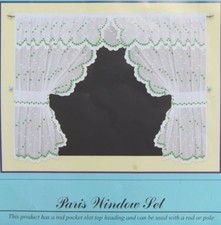 PARIS WHITE WITH GREEN NET CURTAIN FRILLED WINDOW SET WITH ATTACHED VALANCE  