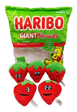 HARIBO Giant Strawbs Plush Pillow Bag with 5 Strawberries – Official Gift Set