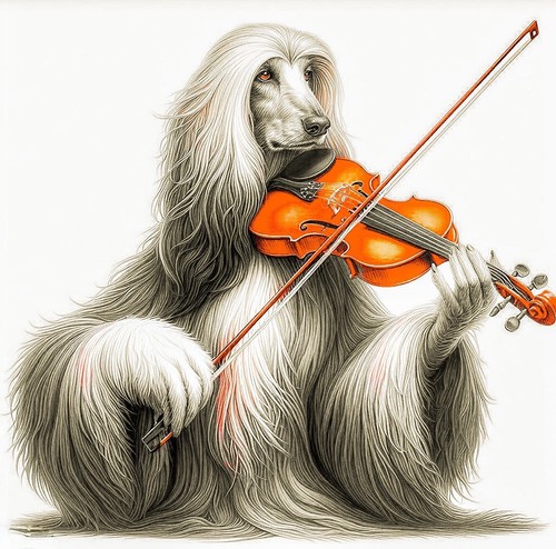 Afghan hound with violin - with,