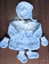 baby blue & white matinee set new 0 to 3 months hand knitted mits hat coat boots